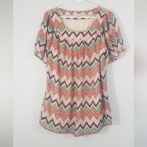 Rebecca Malone Plus Size 1X Shoulder Cutout Short Sleeve Colorful Zig Zag Blouse